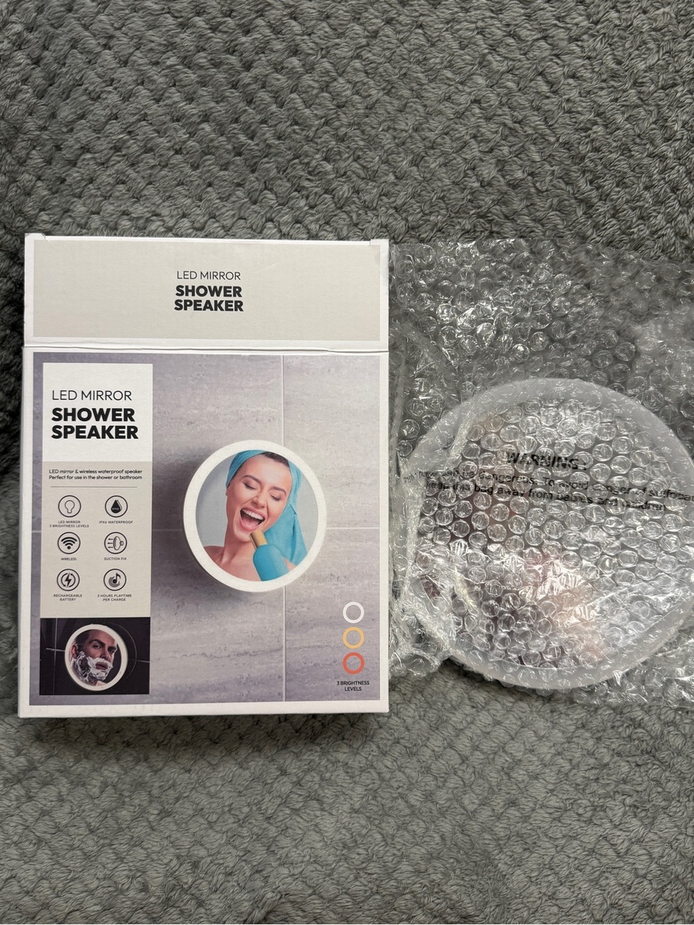 LED Mirror Shower Speaker Wireless Waterproof Rechargeable White New in Box
